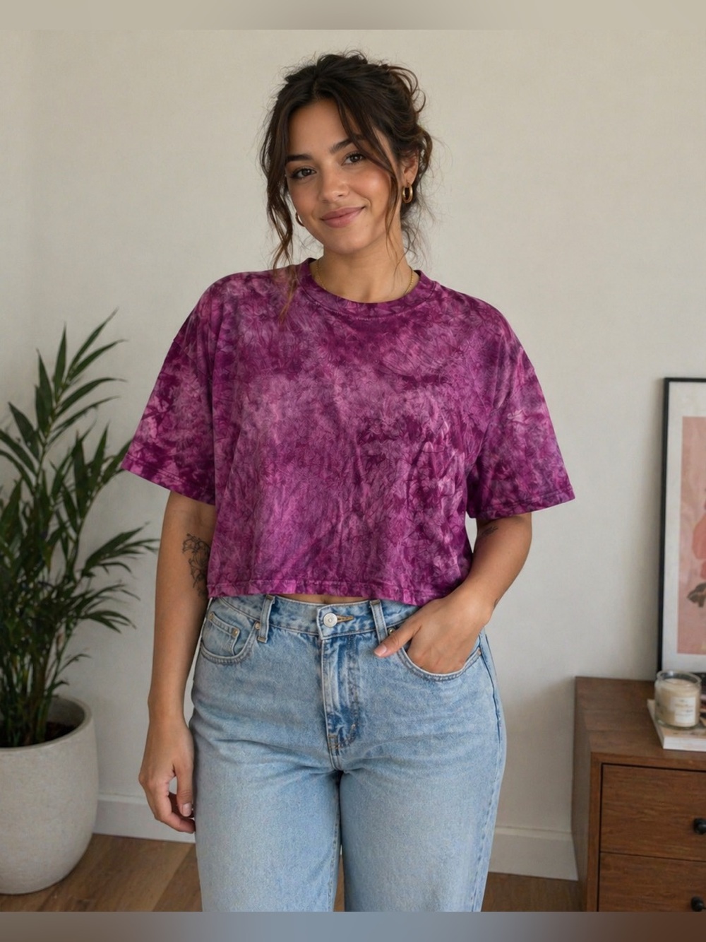 VTG Cropped Purple Tie Dye Tee Shirt L Casual Festival Boho Y2K Single Stitch US